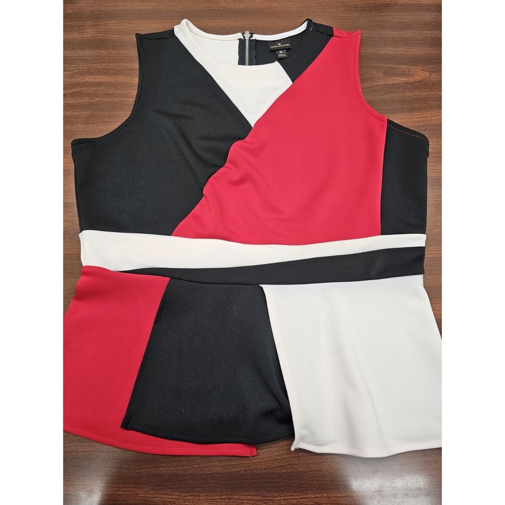 Worthington Women XL Colorblock Peplum Top Red Black White Sleeveless Blouse